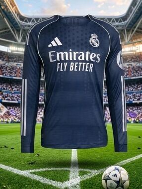 $160 Adidas Real Madrid 25/26 Long Sleeve Away Authentic Jersey